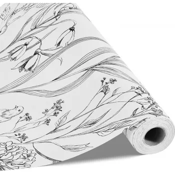 Tapeta VEVOR samolepicí tapeta, 45 cm x 10 m, kontaktní papír, bílá linkovaná botanická květinová tapeta, vodotěsná, samolepicí, snadno čistitelná, nástěnná dekorativní vinylová role do ložnice, kuchyně, kanceláře, koupelny