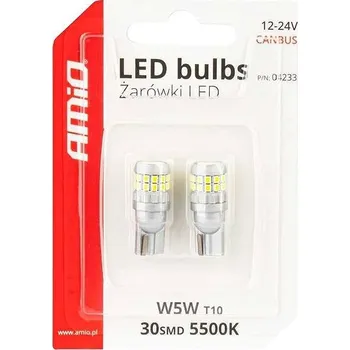 Povinná bezpečnostní výbava AMIO LED žárovky CANBUS 12 V/24 V 5 W W2,1 × 9,5 d, 2 ks