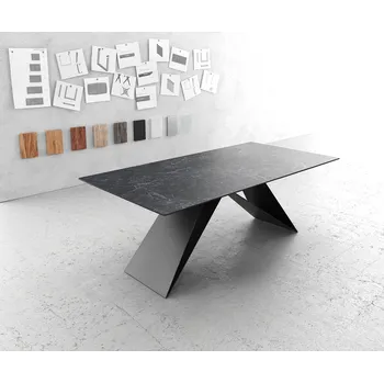 Jídelní stůl DELIFE Jídelní stůl Edge 200x100 cm keramika Laminam®Nero Greco antracitová podnož ve tvaru V černá