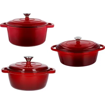 Hrnec SILVERCREST® Sada litinových hrnců, Ø 22 cm, Ø 28 cm a litinového pekáče, 29 cm / 4,7 l, červená, 3dílná