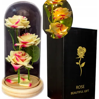 umělá květina KRÁSNÁ UMĚLÁ STABILIZOVANÁ RŮŽE SVÍTÍCÍ TROJITÁ VE SKLE LED RŮŽE V KRABIČCE