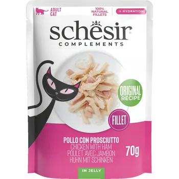 Krmivo pro kočku SCHESIR Doplňkové krmivo pro kočky – kuře se šunkou v želé, 70 g