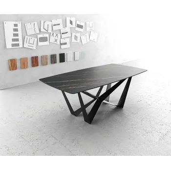 Jídelní stůl DELIFE Jídelní stůl Edge oválný tvar 200x100 cm Laminam® keramika Noir Desir hnědá středová podnož plochá ocel černá