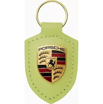 Porsche Crest Keyring Přívěsek na klíče s kroužkem s erbem světle žlutozelená metalíza (Exkluzivní klíčenka z pravé kůže s nezaměnitelným erbem Porsche.)
