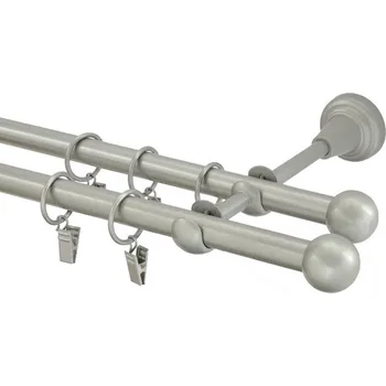 Garnýž kovová dvouřadá 16mm Koule stříbrná mat 120 cm (do stěny / kroužky s žabkou)