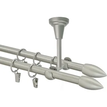 Garnýž kovová dvouřadá 16mm Špice double stříbrná mat 190 cm (do stropu / kroužky s žabkou)
