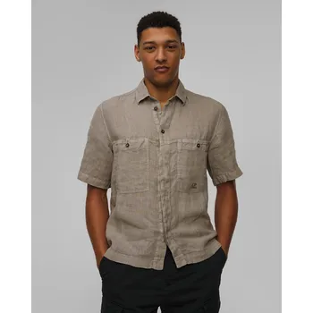 Pánská Lněná Košile C.p. Company Linen Boxy Short Sleeve Shirt V Khaki Barevném Odstínu 18cmsh239a005415g-327