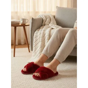 Oblečení a móda Sinsay - Pantofle s umělou kožešinou - burgundy - 646GR-53X - 646GR-53X-389