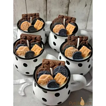 Svíčka Svíčka v keramickém hrníčku Bílý-černý puntík 80g borůvka/vanilka (Ručně vyráběná dekorační svíčka ze sojového vosku. Vyrobeno v ČR)