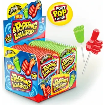 Bonbon Lízátko & práskací prášek JOHNY BEE 13 g - FOOT POP - jahoda & jablko (balení 36 ks) (Lízátko ve tvaru nohy a ruky / Foot Pop / jahoda nebo jablko)