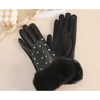 Rukavice BUBLA Krásné moderní rukavice s kožíškem a kameny černá