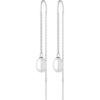 Náušnice ANNA PERLY Moderní visací stříbrné řetízkové náušnice s pravou bílou perlou (Ag 925/1000, 2,51 g)