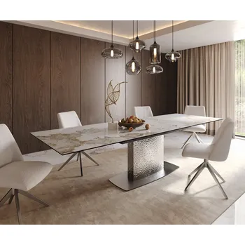 Jídelní stůl DELIFE Jídelní stůl Edge 200-300x100 keramika Minas Melange bílá-béžová Wave nerezová ocel rozkládací