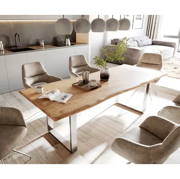 Jídelní stůl DELIFE Jídelní stůl Edge 240x100 cm akácie přírodní nerezová ocel úzký Live-Edge