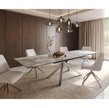 Jídelní stůl DELIFE Jídelní stůl Edge 200-300x100 keramika Minas Melange bílá-béžová křížová podnož obdélník nerezová ocel rozkládací