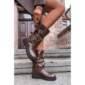 Dámské kozačky Vlněné dámské kozačky do poloviny lýtka s pásky a přezkami Halvessa Barva: Béžová, Velikost: 38