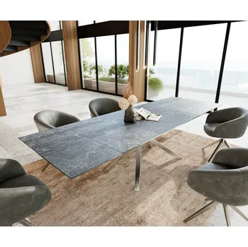 Jídelní stůl DELIFE Jídelní stůl Edge 200-300x100 keramika Laminam®Nero Greco antracitová křížová podnož nerezová ocel rozkládací