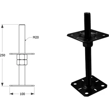 Tesařské kování DOMAX PSR šroubovací patka sloupku nastavitelná závitová Kataforéza černé (C) PSR 100 M20 - 100 x 250 x M20 x 3 mm (4 ks)