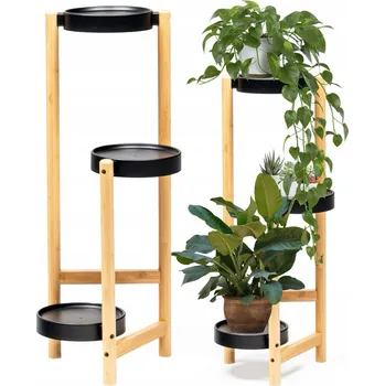 Stojan na květiny DRŽÁK NA KVĚTINÁČ STOJÍCÍ BAMBUSOVÝ STOJAN NA KVĚTINY KVĚTINÁČE 3-PATROVÝ ČERNÝ 80 CM