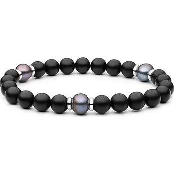 Náramek ANNA PERLY Módní pánský onyxový náramek s pravými šedými perlami a ocelovými prvky