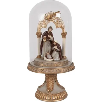 Vánoce Hnědo-zlatý skleněný betlém na podstavci s ozdobou - Ø 14*29 cm