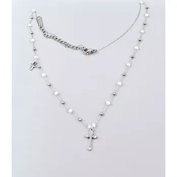 Náhrdelník Ocelový náhrdelník lesklý s korálky a křížkem (0,25 x 39,5 cm)