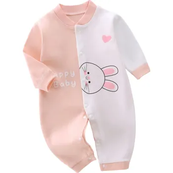 Kojenecký overall Bílorůžový dětský overal pro novorozence Bavlněné body s dlouhým rukávem a potiskem králíka Výstřih do V Zapínání na patenty 6-9 měsíců
