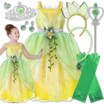 Karnevalový kostým KOSTÝM PRINCEZNY ŠATY TIANA PŘEVLEK KORUNA ŽEZLO SADA 140 146