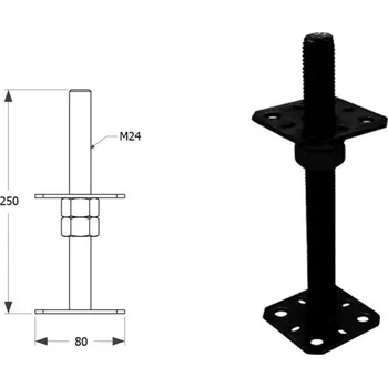 Stavebniny DOMAX PSR šroubovací patka sloupku nastavitelná závitová Kataforéza černé (C) PSR 80 M24 - 80 x 250 x M24 x 4 mm (4 ks)