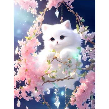 Obraz Malování Podle Čísel Obraz S RÁMEM 50x40 cm Kočka Bílá Květy Třešně