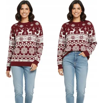 Dámský svetr VÁNOČNÍ SVETR DÁMSKÝ BORDOVÝ SOBY SNĚHOVÉ VLOČKY NORSKÝ VOLNÝ MÓDNÍ L