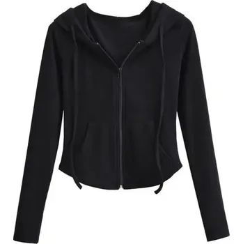 Dámská mikina Dámská mikina na zip s kapucí a kapsami Jednobarevná mikina z měkkého polyesteru Pohodlný volnočasový svršek černá S