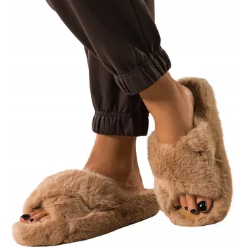 Dámské pantofle PANTOFLE Béžové Dámské FUTRÁLNÍ Domácí Obuv POHODLNÉ Pásky Křížem vel. 40/41