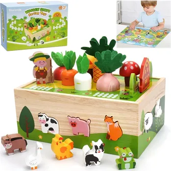 Dřevěná hračka DŘEVĚNÝ MONTESSORI TŘÍDIČ KOSTEK FARMA SKLÁDAČKA VOZÍK SADA