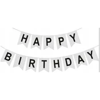 Narozeninový banner stříbrno černý nápis happy birthday