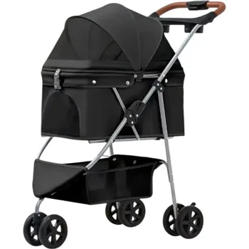 Chovatelství Černý kočárek pro psy a kočky – skládací, lehký, s brzdami a košíkem, 42 × 91 × 45 cm
