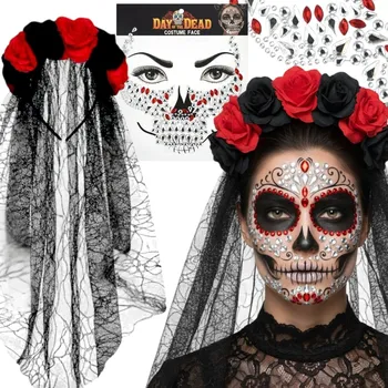Čelenka Sada pro STYLING La Catrina: Čelenka s KVĚTINAMI, ZÁVOJEM a Křišťály