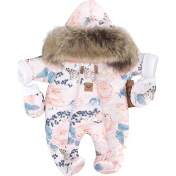 Kojenecká kombinéza Z&Z Zimní kombinéza s dvojitým zipem, kapucí a kožešinou + rukavičky Angel růžičky Vel. 74