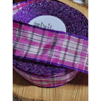 Stuha Stuha káro s drátem šíře 40 mm barva stříbrná růžová fialová