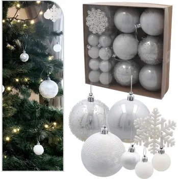 Vánoční dekorace SADA 30 VÁNOČNÍCH OZDOB BAŇKY VÁNOČNÍ BAŇKY SNĚHOVÁ VLOČKA NEROZBITNÉ stříbrné MIX