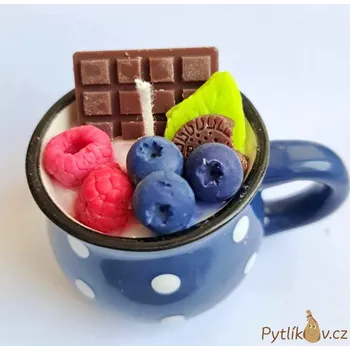 Svíčka Svíčka v keramickém hrníčku Tmavě modrá-bílý puntík 80g borůvka/vanilka (Ručně vyráběná dekorační svíčka ze sojového vosku. Vyrobeno v ČR)