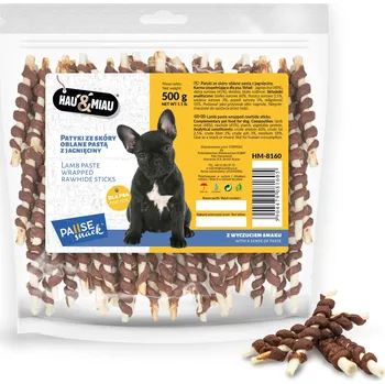 Pamlsek pro psa Hau Miau psí pamlsek Tyčinky z Kůže Obalené Pastou z Jehněčího Masa 500g