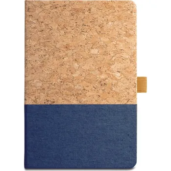 Zápisník A5 linkovaný poznámkový zápisník s obalem z korku a lnu a s poutkem na pero, modrý