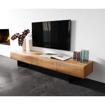 Televizní stolek DELIFE TV stolek New Live-Edge 200 cm akácie přírodní 4 dvířka závěsná kov černá