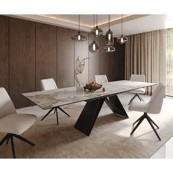 Jídelní stůl DELIFE Jídelní stůl Edge 200-300x100 keramika Minas Melange bílá-béžová podnož ve tvaru V plochá ocel černá rozkládací