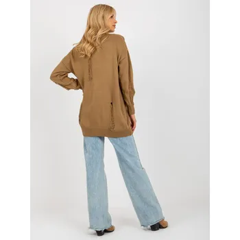 Dámský svetr Volný svetr v barvě velbloudí srsti s otvory RUE PARIS Barva: camel, Velikost: ONE SIZE