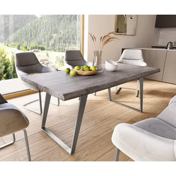 Jídelní stůl DELIFE Jídelní stůl Edge 180x90 XL akácie platinová nerezová ocel šikmý Live-Edge