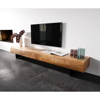 Televizní stolek DELIFE TV stolek New Live-Edge 240 cm akácie přírodní 4 zásuvky závěsná kov černá