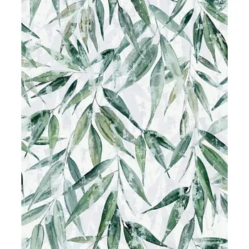 Tapeta Bílá vinylová tapeta na zeď se zelenými listy, vliesová tapeta