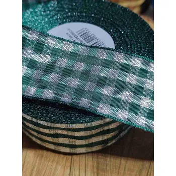 Stuha Stuha káro s drátem šíře 40 mm barva stříbrná zelená